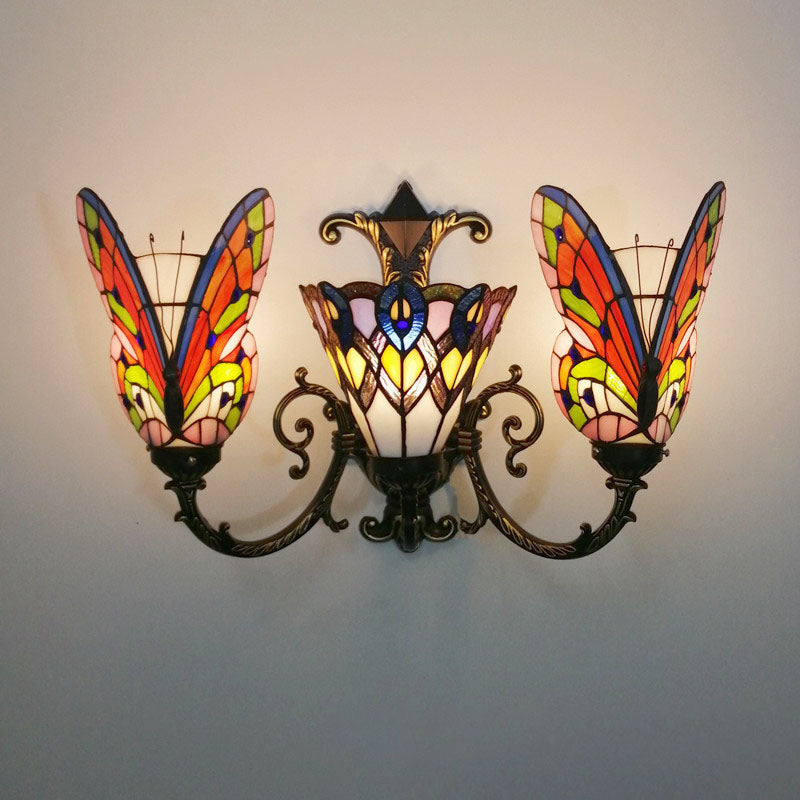 Traditional Tiffany European Butterfly Alloy Iron Glass 3-Light Wall Sconce Lamp For Hallway