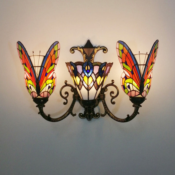 Traditional Tiffany European Butterfly Alloy Iron Glass 3-Light Wall Sconce Lamp For Hallway