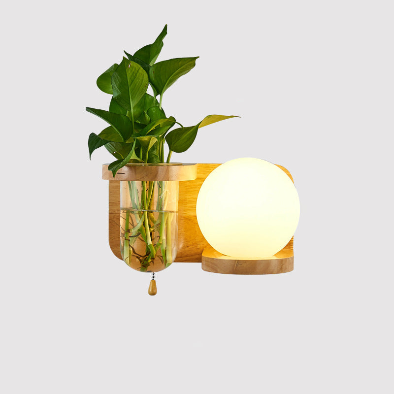 Moderne minimalistische rechteckige Zylinder Orb Glas Holz 1-Licht Wandleuchte Lampe für Wohnzimmer 