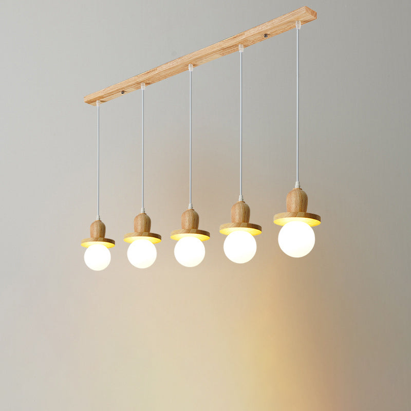 Lámpara de araña de isla de 1/3/5 luces con pantalla de vidrio de globo y marco lineal de madera tradicional japonesa para sala de estar 