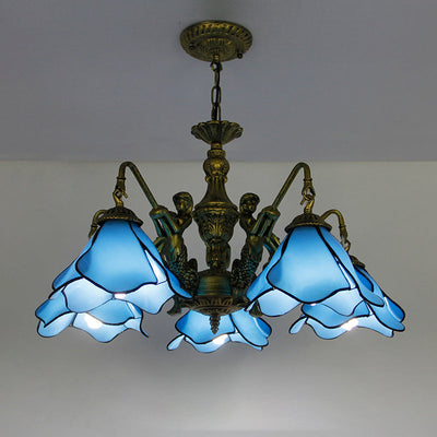 Araña de hierro con vidrio floral tradicional Tiffany de 3/5 luces para sala de estar 