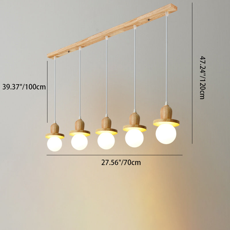 Lámpara de araña de isla de 1/3/5 luces con pantalla de vidrio de globo y marco lineal de madera tradicional japonesa para sala de estar 