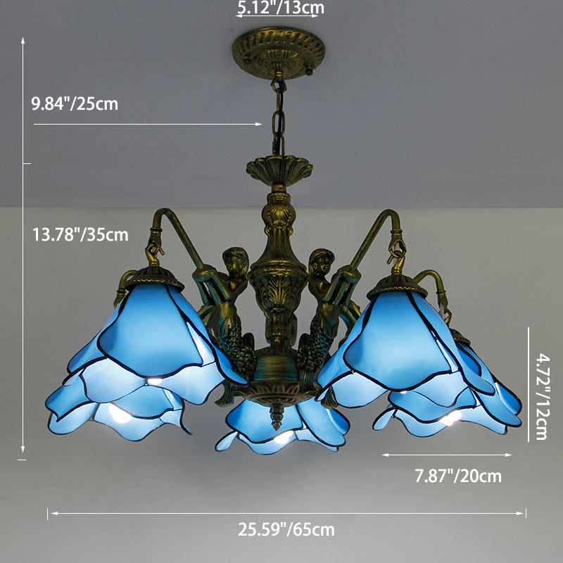 Araña de hierro con vidrio floral tradicional Tiffany de 3/5 luces para sala de estar 