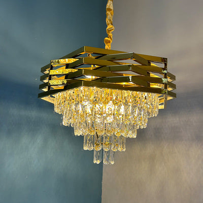 Contemporary Luxury Square Stacked Branch Crystal Metal Stainless Steel 5/7/8/9 Light Chandelier For Living Room
