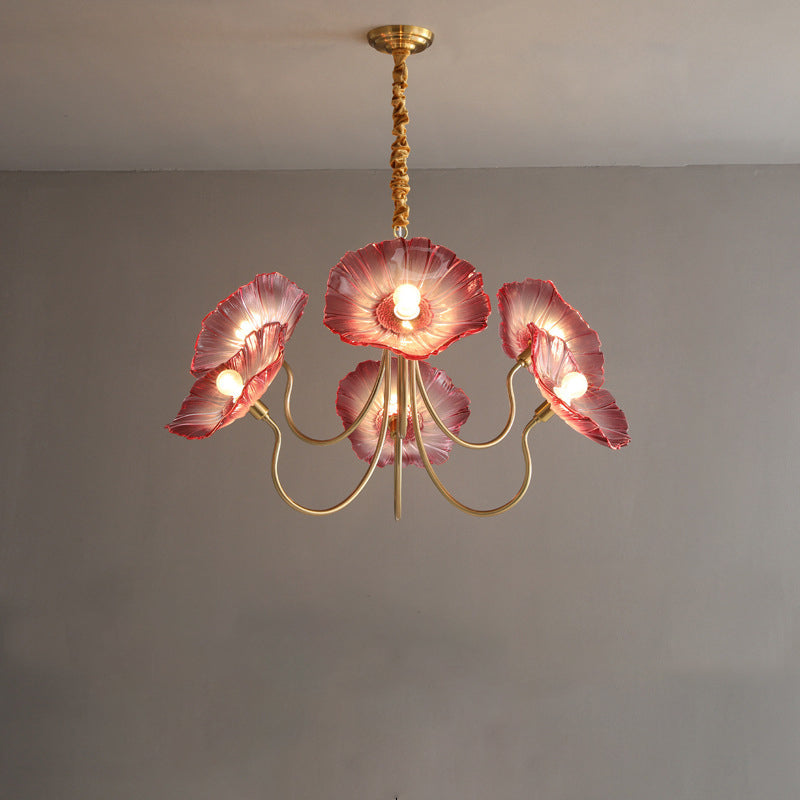 Lámpara de Araña de 6 Luces con Pantalla de Vidrio con Motivo Floral y Acabado Dorado Vintage Tradicional para Dormitorio 