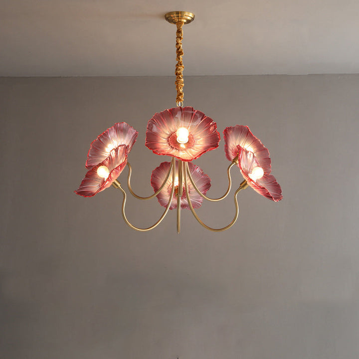 Lámpara de Araña de 6 Luces con Pantalla de Vidrio con Motivo Floral y Acabado Dorado Vintage Tradicional para Dormitorio 