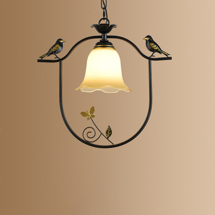 Traditionelle Vintage Eisenring Vogel Dekor Blume Glasschirm 1-Licht Pendelleuchte für Wohnzimmer 