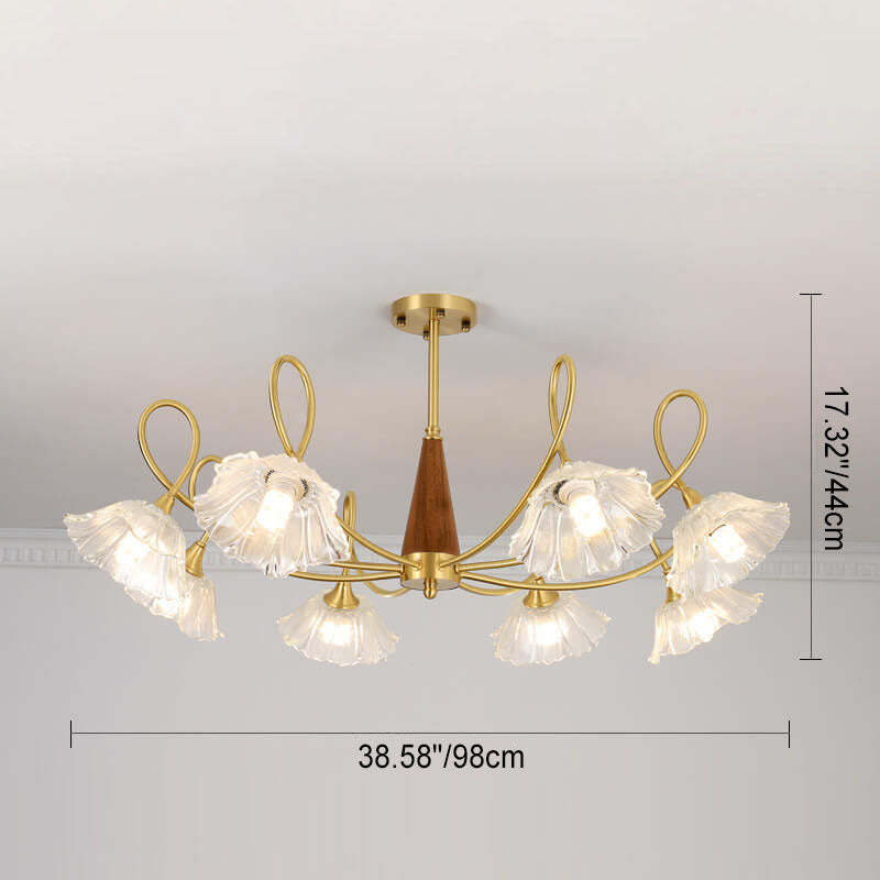 Lámpara de araña tradicional vintage de vidrio floral, madera y cobre con ramas de cristal de 3/6/8 luces para sala de estar 