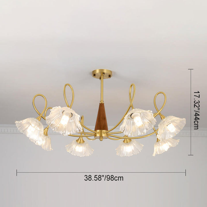 Lámpara de araña tradicional vintage de vidrio floral, madera y cobre con ramas de cristal de 3/6/8 luces para sala de estar 