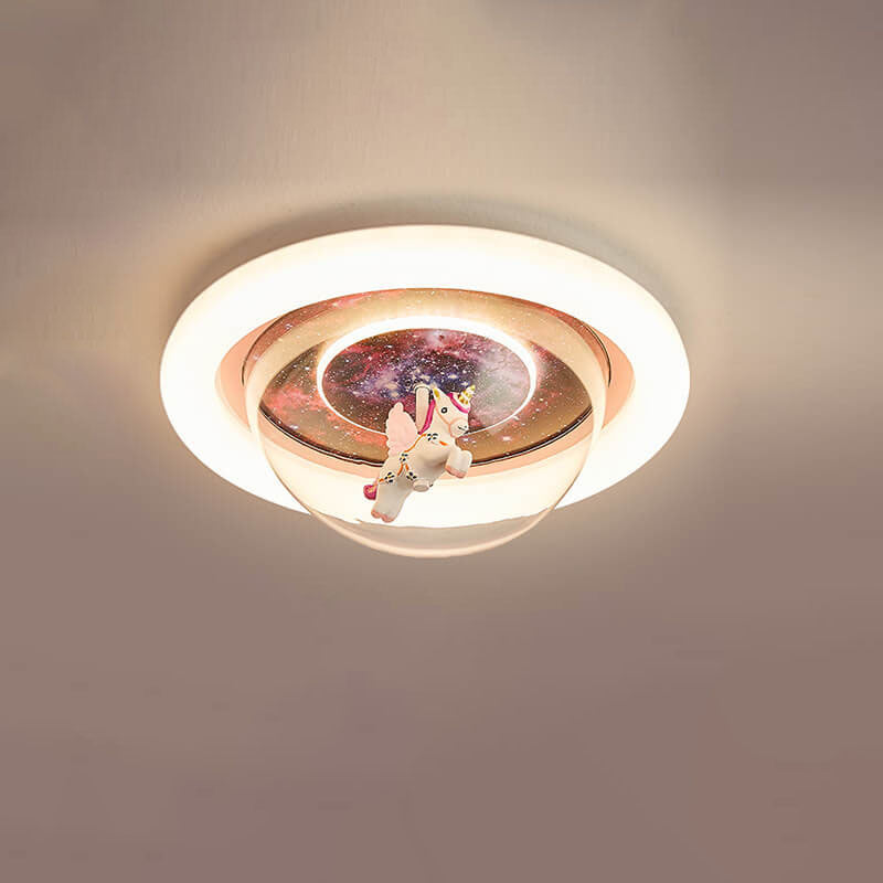 Contemporary Creative Cartoon Pink Astronaut Unicorn Round Acrylic Resin LED Flush Mount Ceiling Light For Bedroom