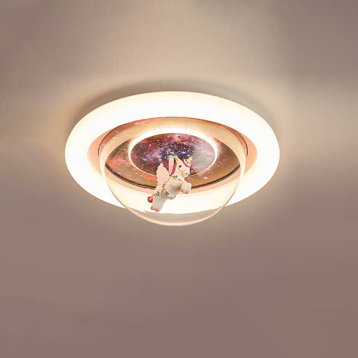 Contemporary Creative Cartoon Pink Astronaut Unicorn Round Acrylic Resin LED Flush Mount Ceiling Light For Bedroom