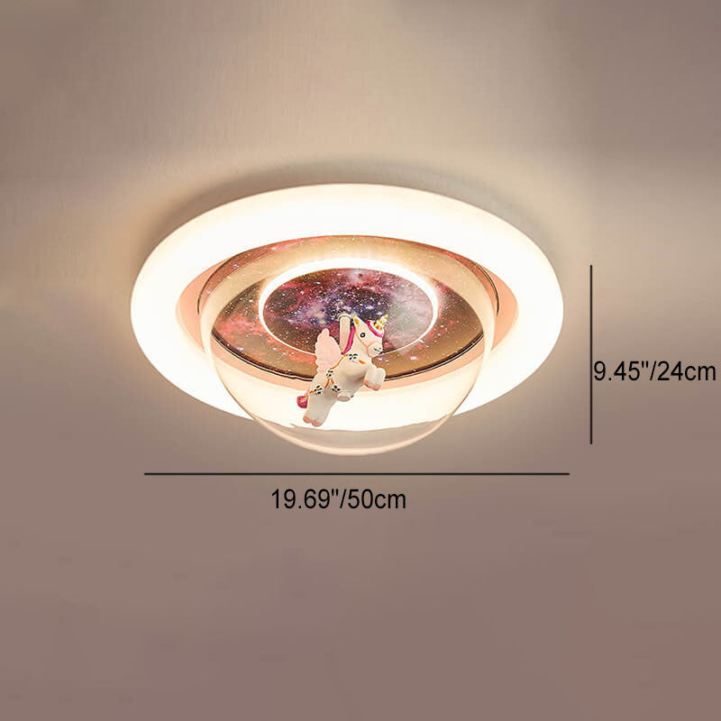 Contemporary Creative Cartoon Pink Astronaut Unicorn Round Acrylic Resin LED Flush Mount Ceiling Light For Bedroom