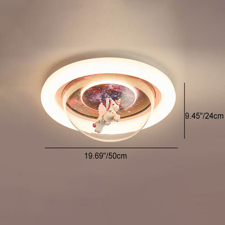 Contemporary Creative Cartoon Pink Astronaut Unicorn Round Acrylic Resin LED Flush Mount Ceiling Light For Bedroom