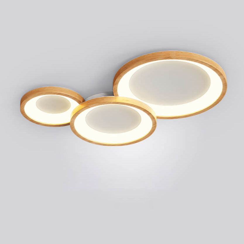 Contemporary Scandinavian Rubberwood Acrylic Log Circle Design LED Flush Mount Ceiling Light For Living Room