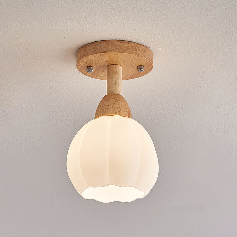 Traditional Japanese Spherical Glass Shape Wood Base1-Light Semi-Flush Mount Ceiling Light For Living Room