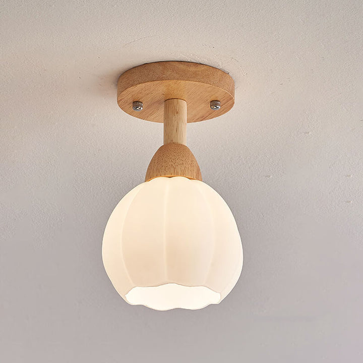Traditional Japanese Spherical Glass Shape Wood Base1-Light Semi-Flush Mount Ceiling Light For Living Room
