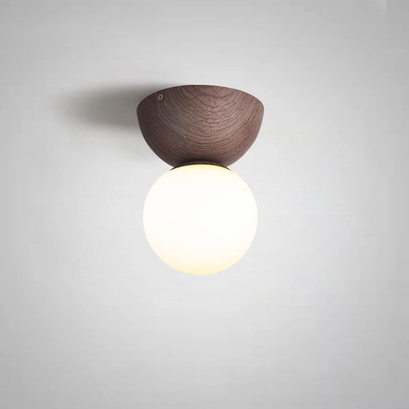 Japanese Minimalist Wood Grain Glass Round 1-Light Flush Mount Ceiling Light