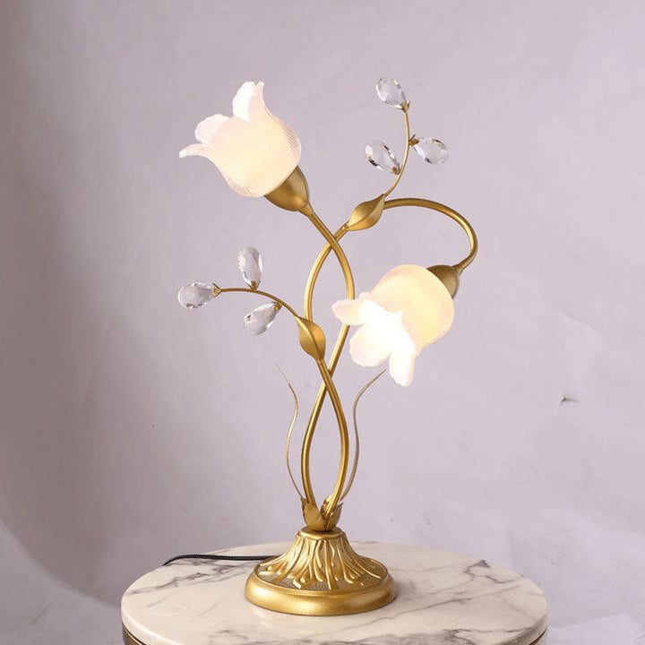 Moderne Art Deco Blumen Eisen Glas 2-Licht Tischlampe für Wohnzimmer 