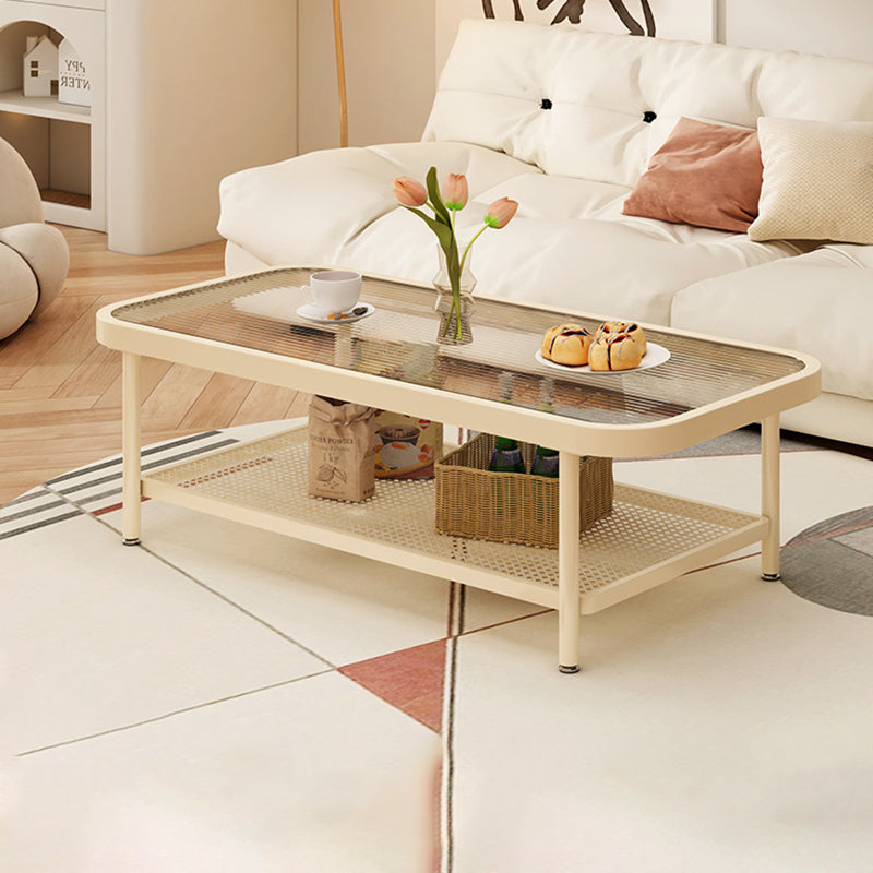 Moderner minimalistischer rechteckiger Glas-Kohlenstoffstahl-Couchtisch mit 2 Ebenen für das Wohnzimmer 