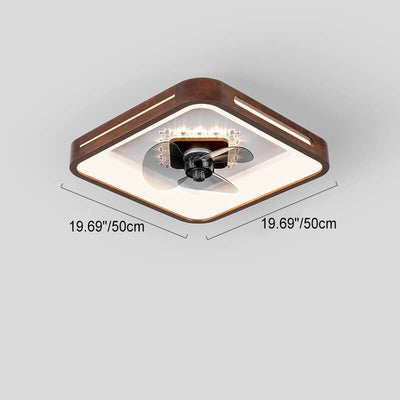 Modern Chinese Walnut Round Square Acrylic LED Flush Mount Ceiling Fan Light