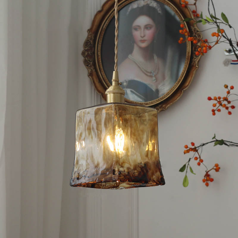 Modern Eclectic Amber Brass Glass Geometric Jar 1-Light Pendant Light For Living Room