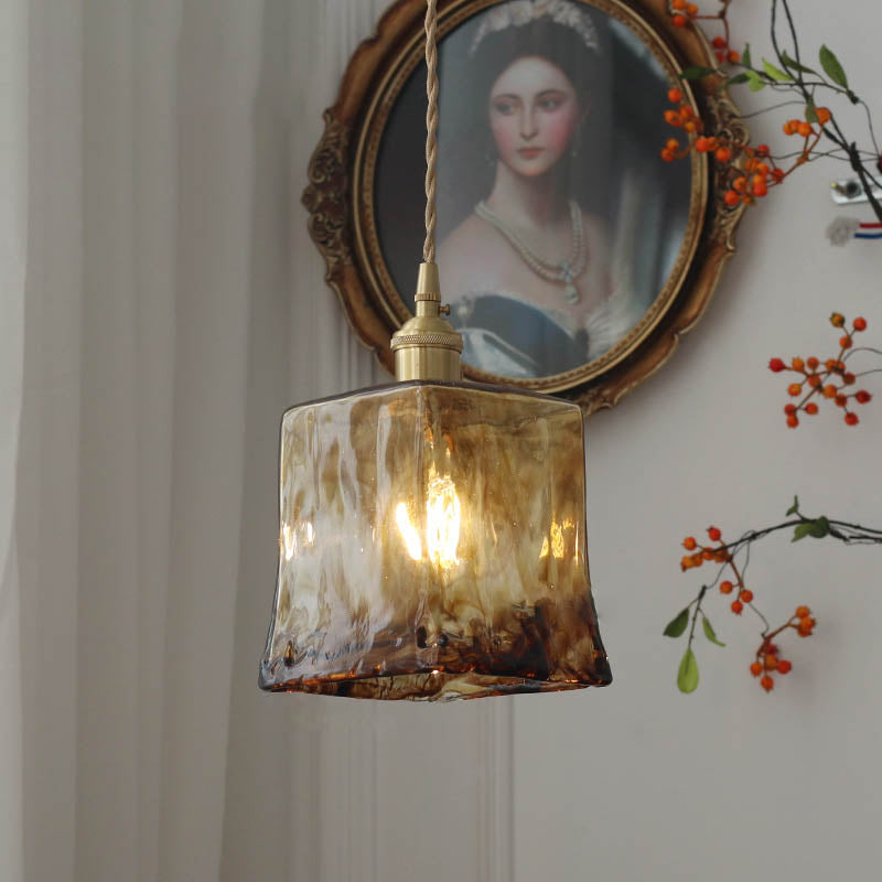 Modern Eclectic Amber Glass Geometric Jar 1-Light Pendant Light For Living Room