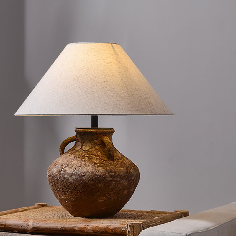 Modern Vintage Ceramic Jar Linen Fabric Handmade 1-Light Table Lamp For Living Room