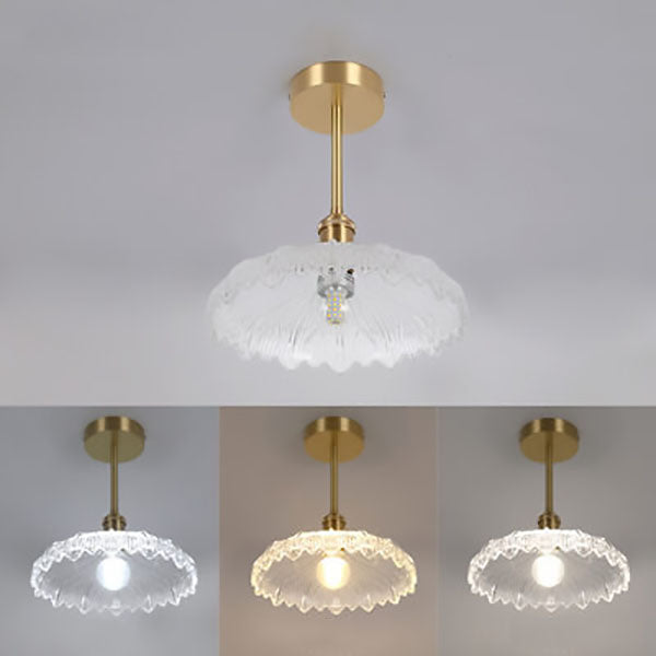 Modern Luxury Brass Glass Flower-Shaped 1-Light Semi-Flush Mount Ceiling Light