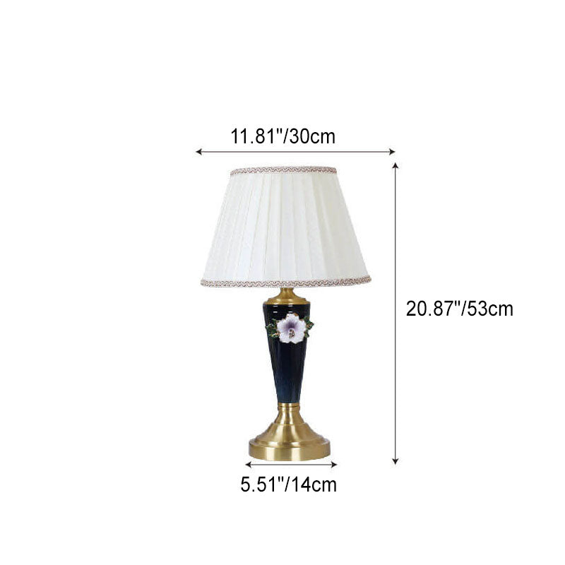 Vintage European Ceramic Floral Pleated Fabric 1-Light Table Lamp