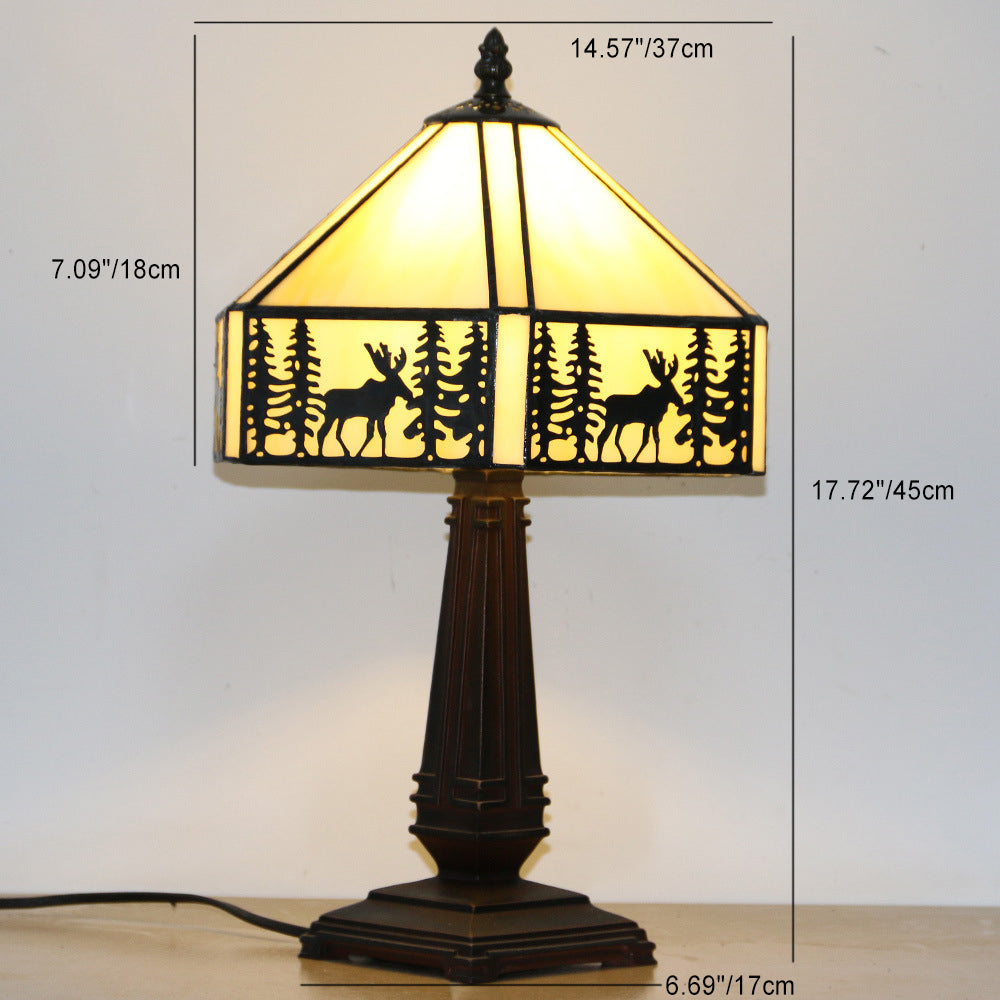 Traditionelle Tiffany Conic Diamond Deer Legierung Glas 1-Licht Tischlampe für das Studium 