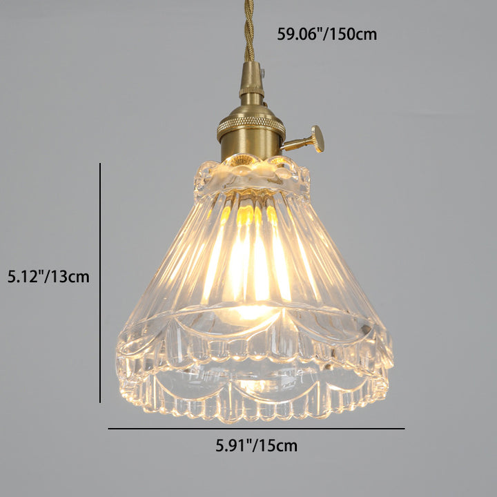 Traditional Japanese Brass Walnut Glass Ceramic Cylinder Conic Flower Bowl 1-Light Pendant Light For Dining Room