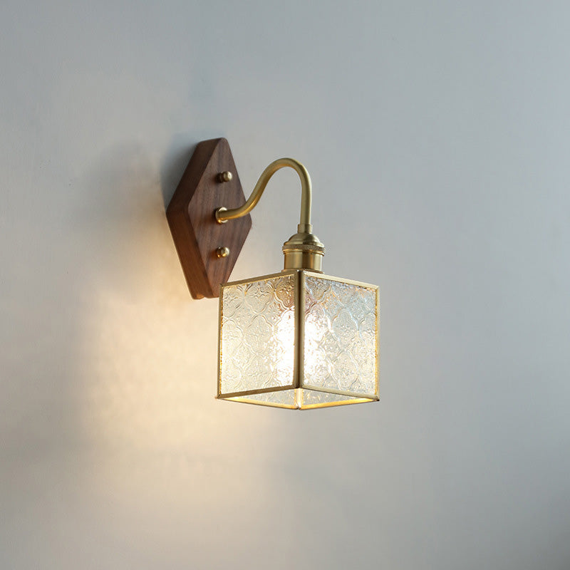 Applique Murale Traditionnelle Vintage Carrée en Verre de Cuivre et Bois à 1 Lumière pour Chambre 