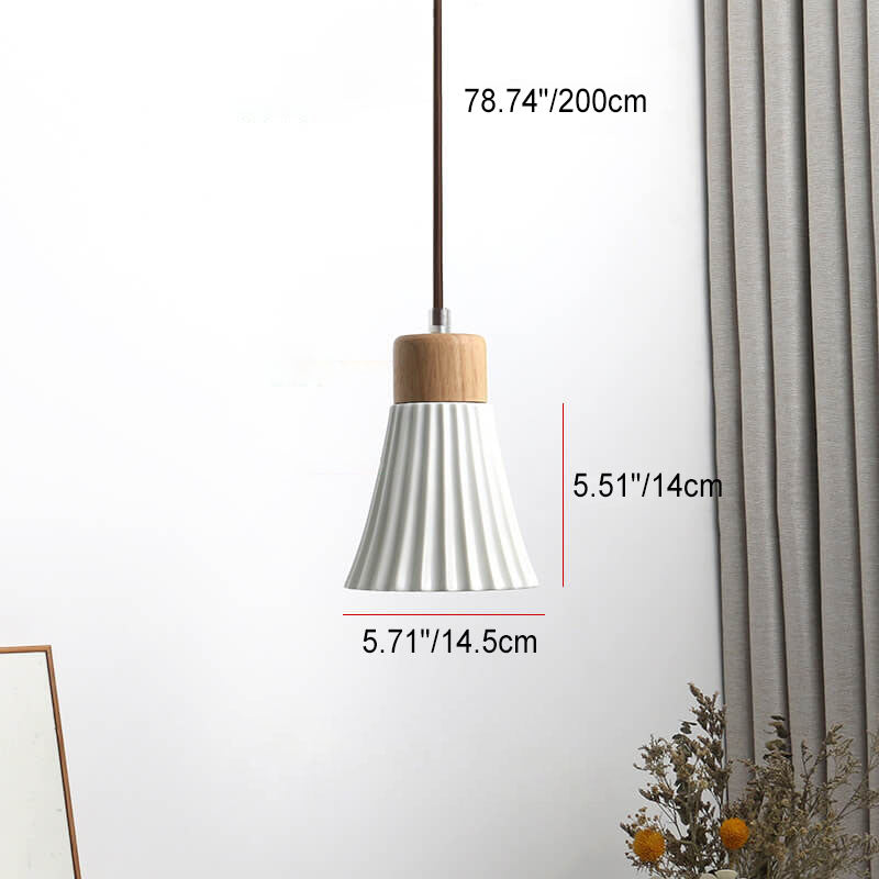 Japanese Harajuku Solid Wood Pleated Ceramic Round 1-Light Pendant Light