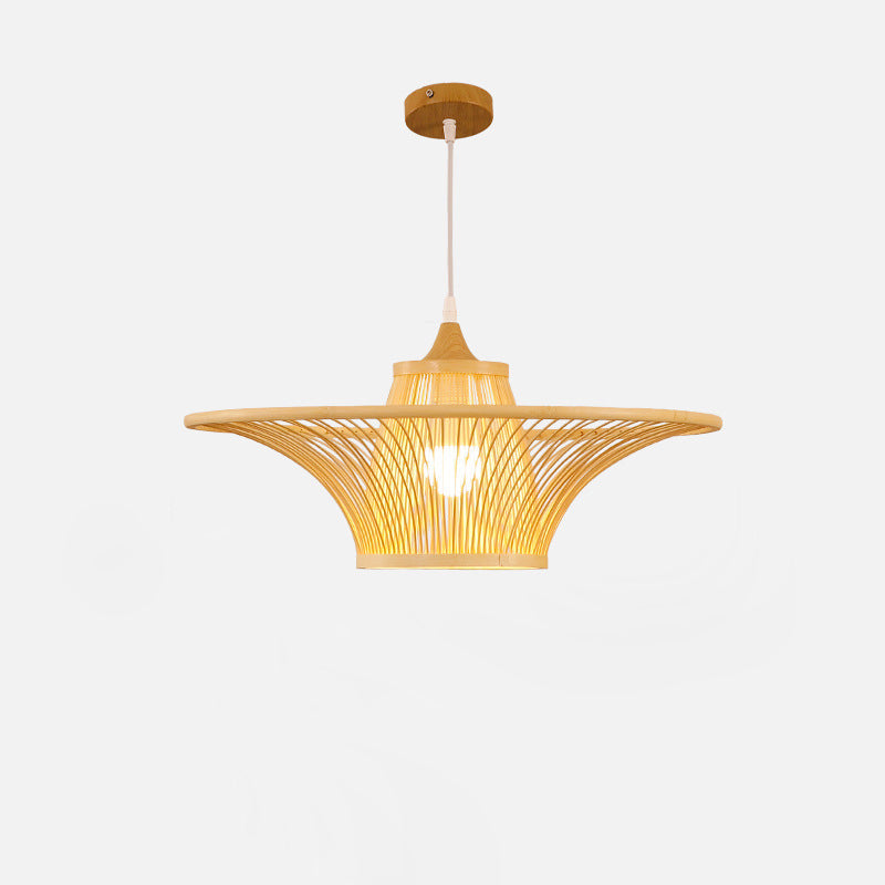 Suspension Luminaire Cylindre Rond en Bambou Japonais Traditionnel à 1 Lumière pour Chambre 