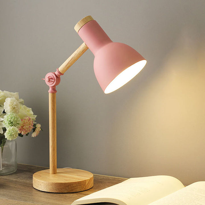 Lámpara de mesa contemporánea nórdica con pantalla semicircular de hierro y base de madera de 1 luz para estudio 