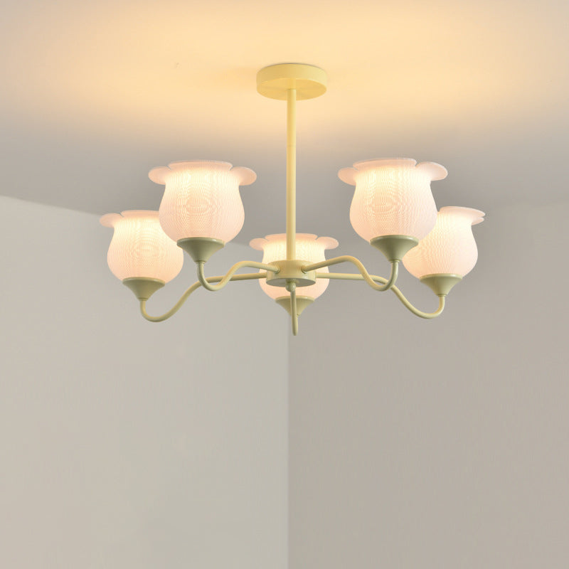 Moderner Art-Deco-Kronleuchter mit Eisenrahmen und PLA-Glocken-Orchideen-Blumenschirm, 3/5/6 Lichter, für Wohnzimmer 