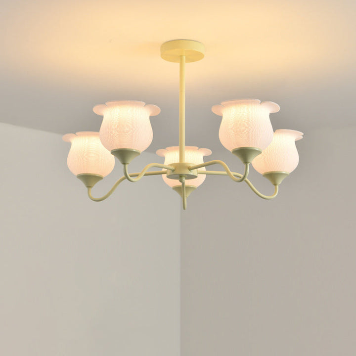 Moderner Art-Deco-Kronleuchter mit Eisenrahmen und PLA-Glocken-Orchideen-Blumenschirm, 3/5/6 Lichter, für Wohnzimmer 