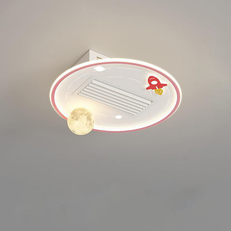 Contemporary Creative Acrylic Astronaut Moon LED Kids Flush Mount Ceiling Invisible Bladeless Fan Light For Bedroom