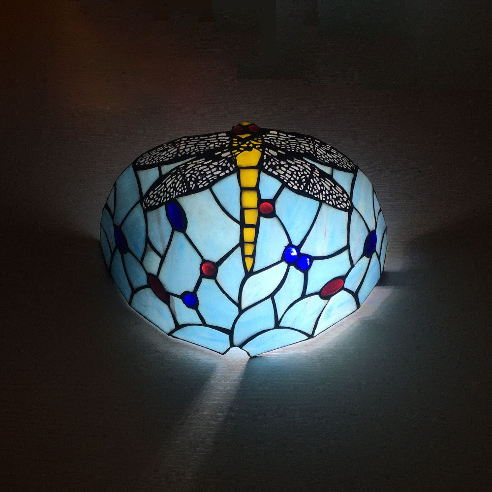 Applique Murale à 1 Lumière en Verre Alliage Tiffany Traditionnel avec Fleur Semi-circulaire et Libellule pour Couloir 