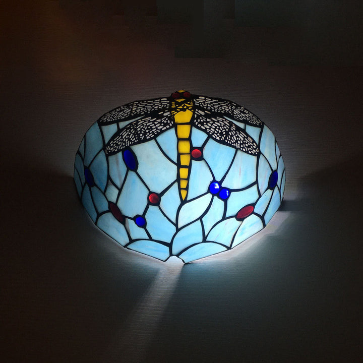 Traditionelle Tiffany-Legierung Glas Diamant Halbkreisförmige Blume Libelle 1-Licht Wandleuchte Lampe für Flur 