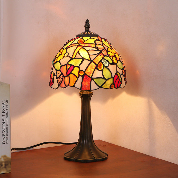 Lampe de table à 1 lumière en verre teinté fer traditionnel Tiffany Dome pour chambre 