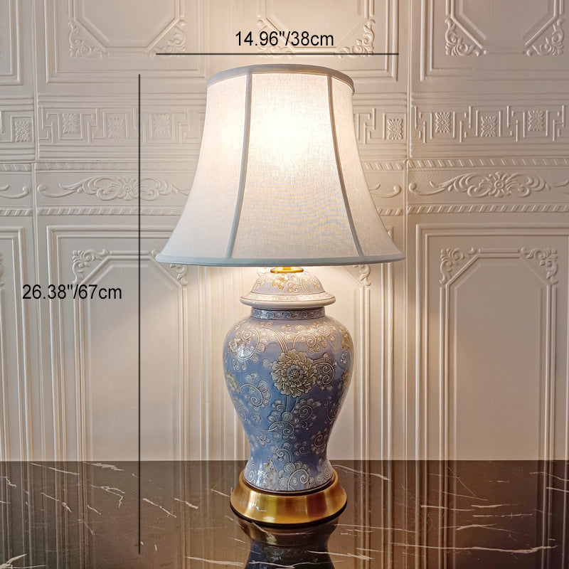 Lampe de table en céramique traditionnelle chinoise avec cylindre, oiseau et fleur, 1 lumière pour chambre à coucher 
