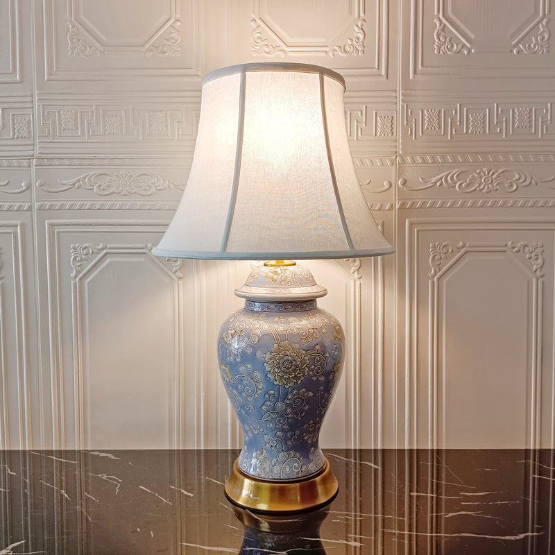 Lampe de table en céramique traditionnelle chinoise avec cylindre, oiseau et fleur, 1 lumière pour chambre à coucher 