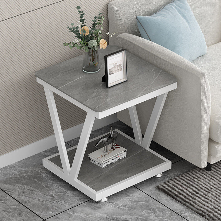 Table d'appoint amovible en acier inoxydable à dalle carrée minimaliste moderne à 2 niveaux pour salon 