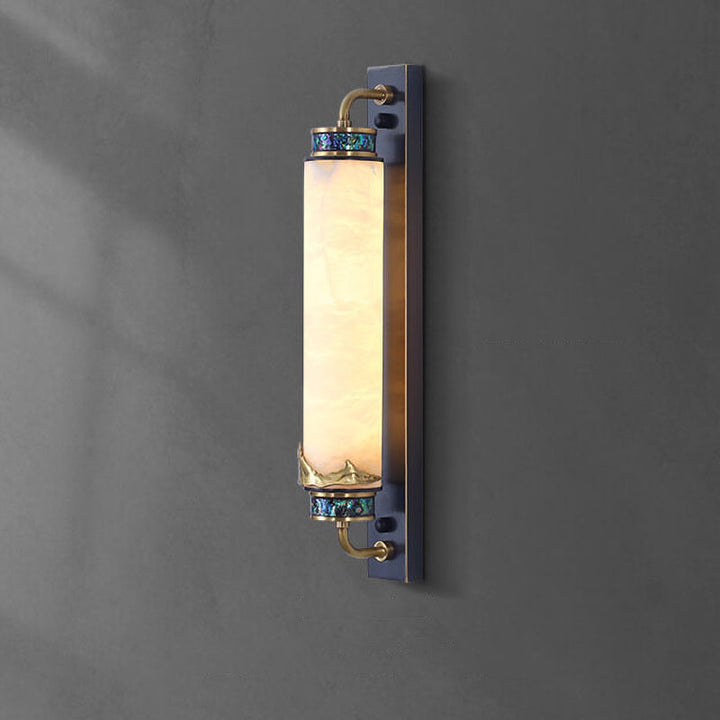 Traditional Chinese Marble Copper Column Brass LED Wall Sconce Lamp for Living Room