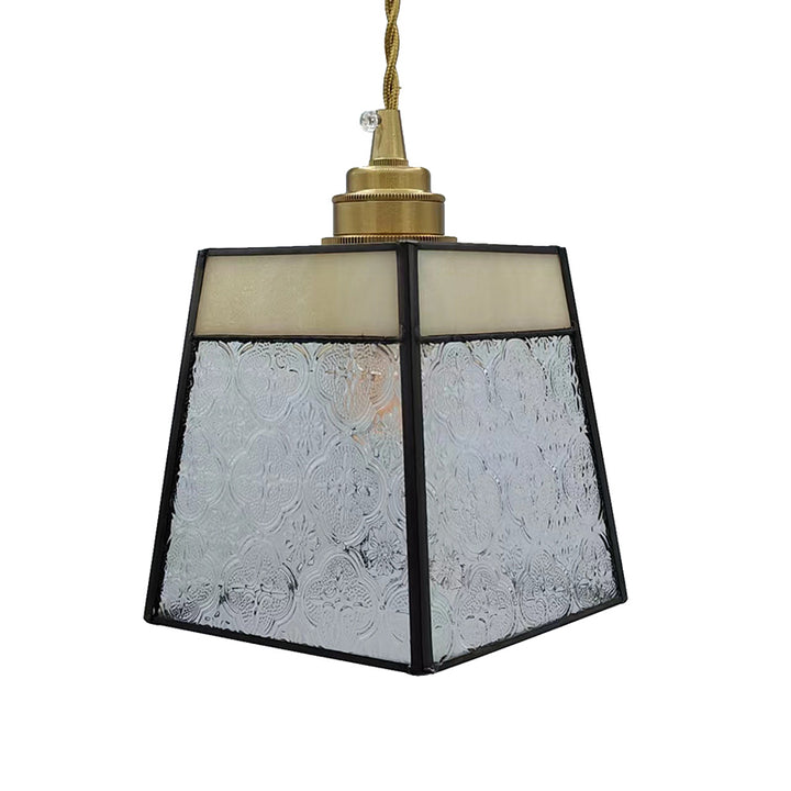 Lustre suspendu traditionnel vintage en laiton, verre, cylindre quadripartite, corne, treillis, à 1 lumière pour salle à manger 