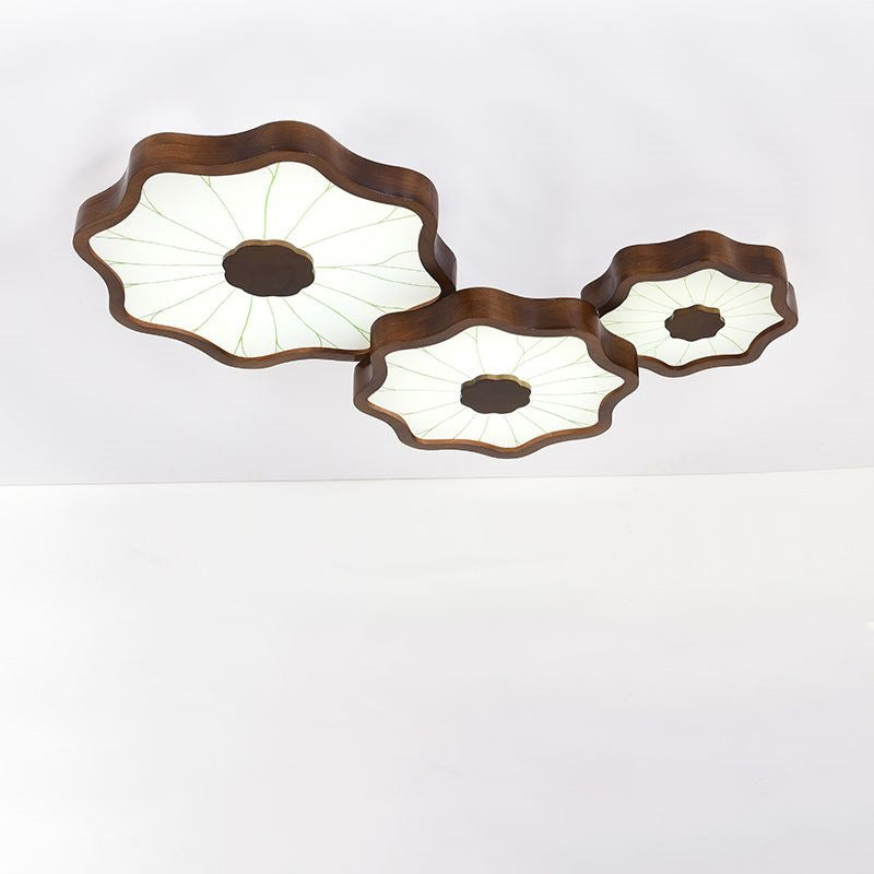 Traditionelle chinesische Lotusblatt-Deckenleuchte aus Holz, Eisen, Acryl, LED-Unterputz-Deckenleuchte für Wohnzimmer 