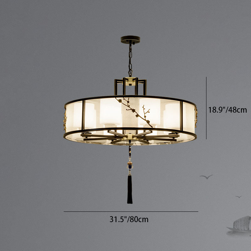 Traditioneller chinesischer runder Eisen-Kupfer-Glasstoff 8-Licht-Kronleuchter für das Wohnzimmer 
