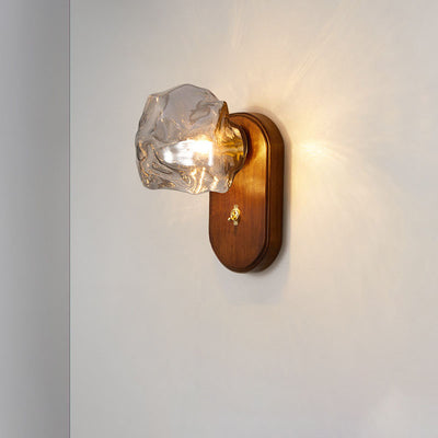 Traditional Japanese Oval Ice Cube Shape Solid Wood Glass 1-Light Wall Sconce Lamp For Bedroom