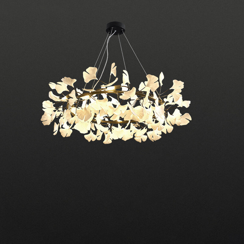 Zeitgenössischer nordischer Eisen-Acryl-Ginkgo 10-Licht-Kronleuchter für das Wohnzimmer 
